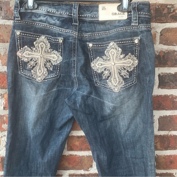 Grace in LA Boot Cut Dark Wash Jeans with Rhinestone Cross on Back Pocket - Picture 10 of 13